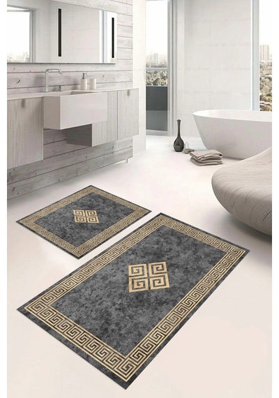 Buççin Online Mağaza Dijital Baskılı Yıkanabilir Çerçeveli Klasik Model Banyo Paspası Klozet Takımı Polyester Bej Çok Renkli