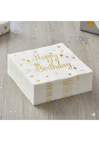 Varaklı Happy Birthday Beyaz Gold Baskılı Peçete 20'li Doğum Günü Parti Peçetesi +3