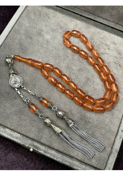 Alpaka Tuğralı Asansör Püsküllü Sedef Simli Ateş Kehribar Tesbih 7x11 Mm Turuncu
