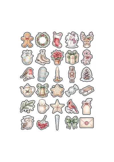 30 Adet Vintage Suluboya Yılbaşı Sticker Seti - Ajanda Scrapbook Laptop İçin Çok Renkli