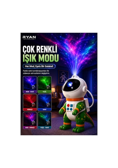 Galaksi Yıldız Projektör Gece Lambası Astro Dino 360 Döner Uzaktan Kumandalı Çocuk Odası Projektörü Çok Renkli