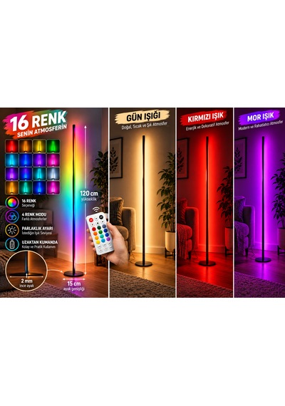 Rgb Led Lambader 120 Cm Kumandalı 16 Renkli Dekoratif Ayaklı Lamba, Parlaklık Ayarlı, Renk Geçişli Ortam Aydınlatması Siyah