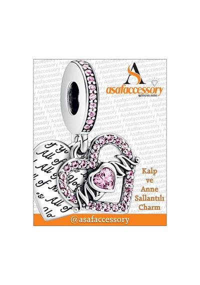 Pembe Taşlı Yazılı Mom Charm Gümüş Kaplama