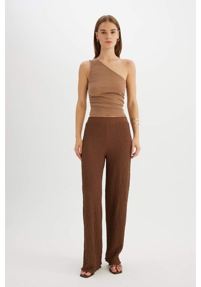 Defacto Regular Fit Beli Lastikli Basic Düz Bürümcük Pantolon D4415AX24AUBN254 Kahve