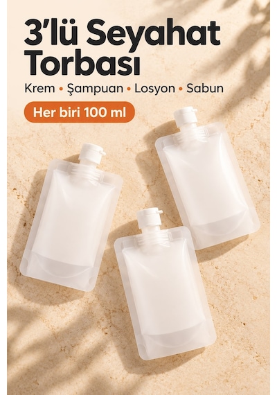 Doldurulabilir Seyahat Torbası Şişe Seti Sızdırmaz Silikon Kozmetik Kabı 100ml 3'lü Beyaz
