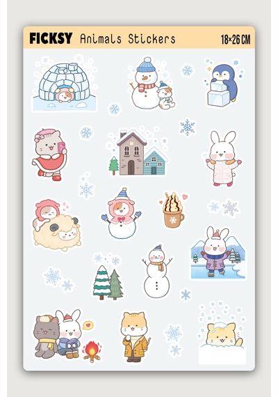 Kawaii Stili Sevimli Hayvanlar Kış Temalı Sticker Seti - 65 Adet Etiket Çıkartma Diğer