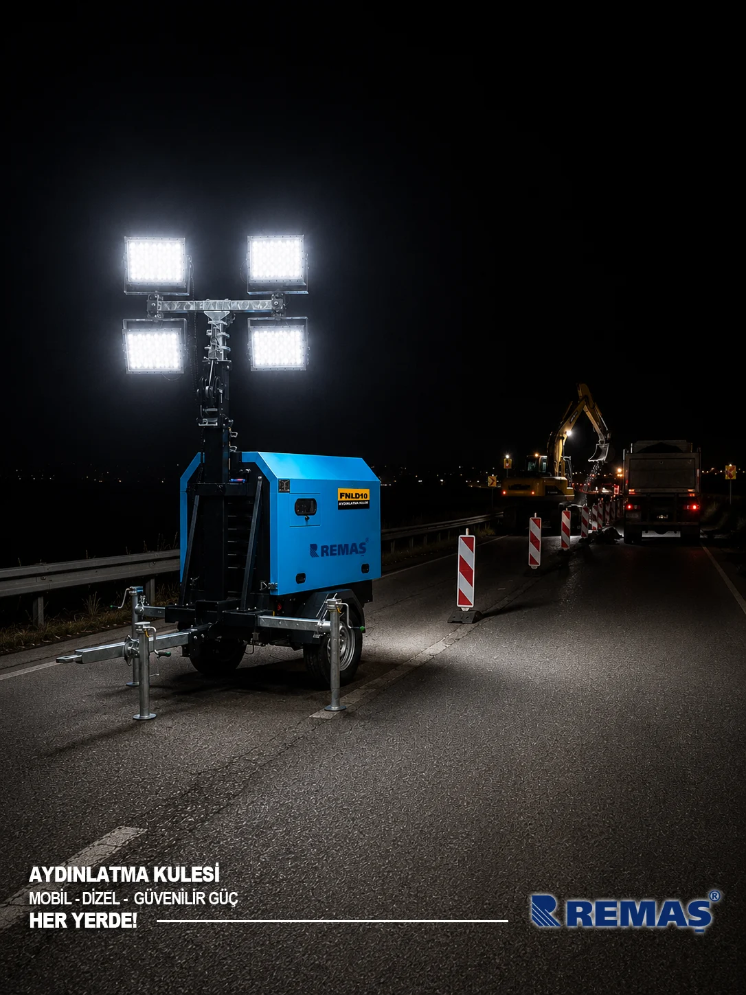 Remaş Mobil Aydınlatma Kulesi 4x250W 8KVA Portatif Işık Kulesi Işıldak Marşlı Dizel Jeneratör
