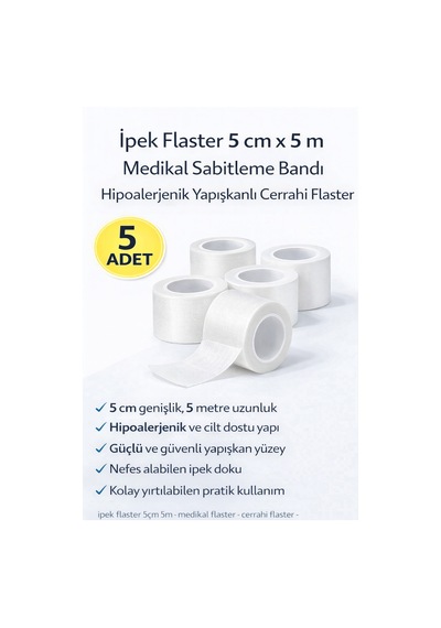 İpek Flaster 5 Cm X 5 M 5 Adet Medikal Sabitleme Bandı Hipoalerjenik Yapışkanlı Cerrahi Flaster