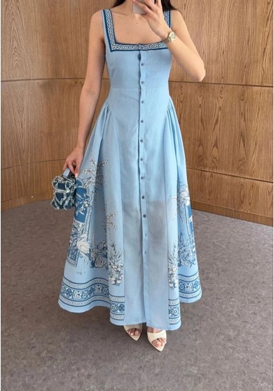 Asprinfashion Yan Büzgülü Kare Yaka Elbise Mavi