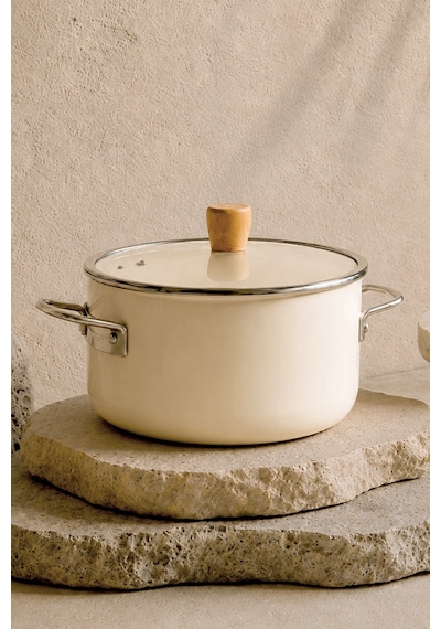 Titan Cook Ahşap Kulplu,paslanmaz Saplı Krem Süzgeçli Emaye Kızartma Tenceresi 22 Cm Krem
