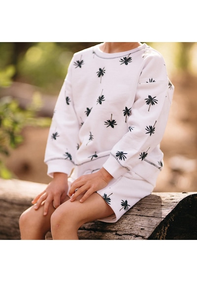 Antebies Organik Beyaz Palmiye Desenli Beli Lastikli Bağcıklı Erkek Çocuk Sweatshirt Şort Takımı