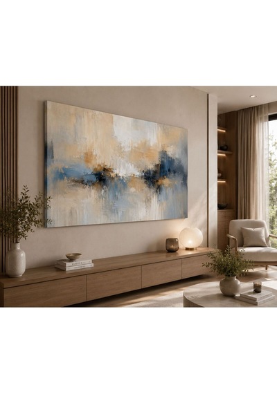 Soft Harmony Soyut Kanvas Tablo Bej, Krem Ve Mavi Tonlu Fırça Dokulu Modern Duvar Dekoru Minimalist Salon, Yatak Odası Ve Ofis Tablosu