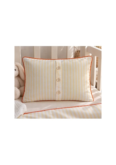 H&c Bebek Nevresim Takımı Keten Dokulu 4 Parça Biyeli Çizgili Beşik 100x150 CM Nevresim Seti Çarşaf Sarı Krem Çizgili - Turuncu Biyeli
