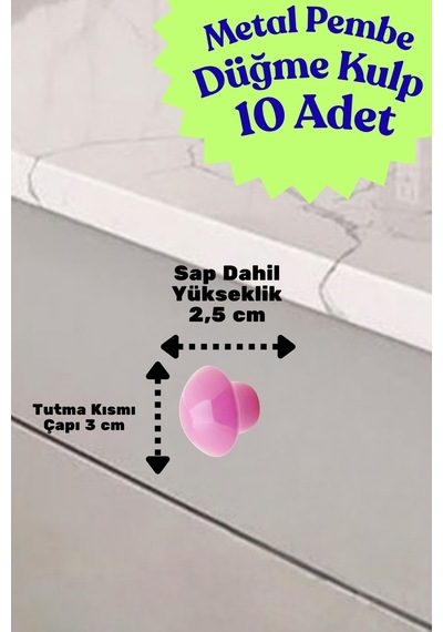 10 Adet Metal Yuvarlak Düğme Kulp - Çocuk Odası, Mutfak Ve Dolap İçin Modern Çekmece Kulbu Pembe Pembe