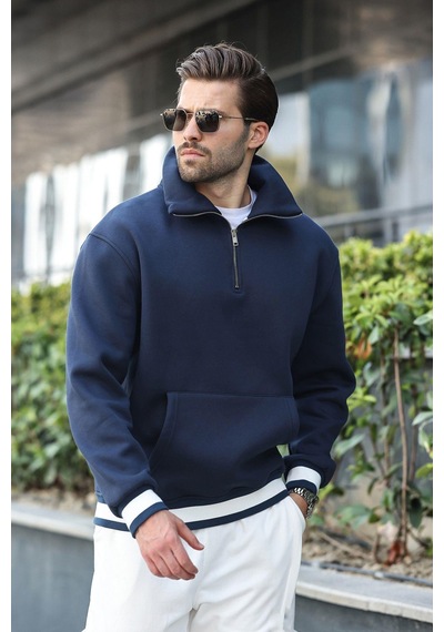 Madmext Lacivert Fermuarlı Dik Yaka Kanguru Cep Erkek Sweatshirt E7159 Lacivert