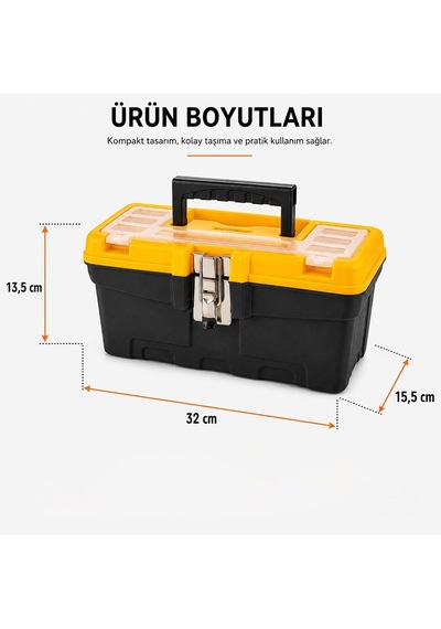 13 İnç Metal Kilitli Takım Çantası, Organizerli Alet Takım Sandığı, Tornavida Pense El Aleti Kutusu, Kapak Üst Genel