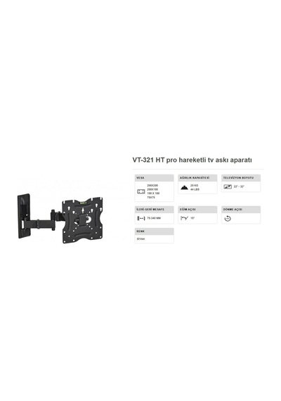 Vontech Vt 321 Ht Pro Tv Askı Aparatı 22-32 Inç Çift Kollu Haraketli Duvar Tipi