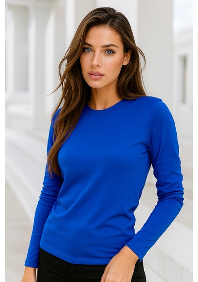 Kadın Saks Mavi Bisiklet Yaka Uzun Kollu Body Saks Mavi
