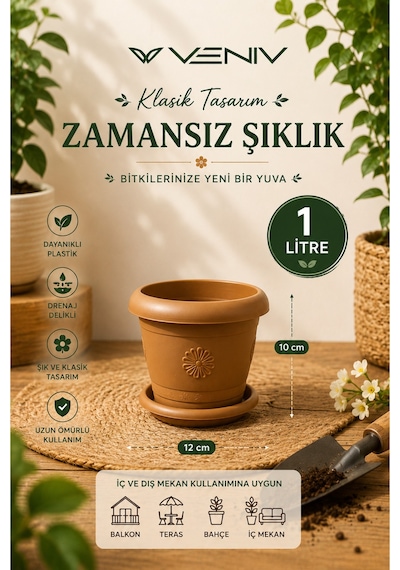 Dekoratif Antik Alt Tabaklı Saksı 1 Litre 1 Adet