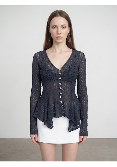 Dilvin 60433 Düğmeli Peplum Dantel Hırka-indigo İndigo
