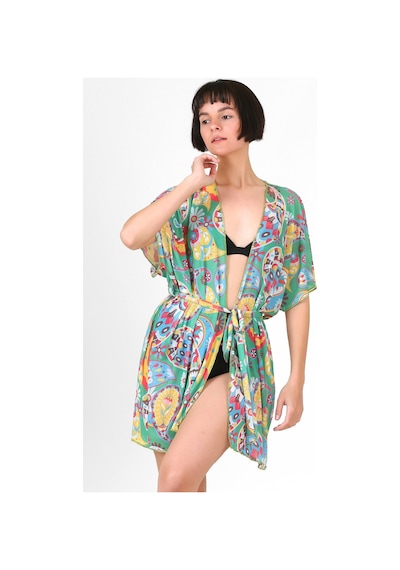 Pareo Plaj Elbisesi Kimono Std Yazlık Oversize Tül Gömlek Kemerli Elbise Şal Desen Yeşil