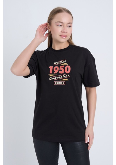 Kadın Oversize Baskılı T-shirt Siyah Vintage 1950 SIYAH