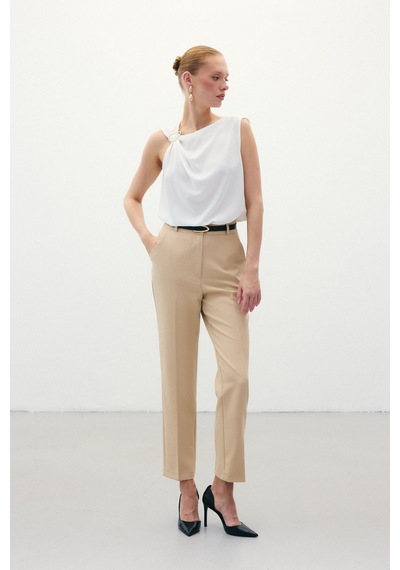 Sateen Kemerli Pantolon - Koyu Bej-136320 Koyu Bej