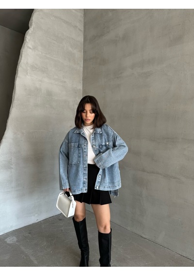 Esra Butik78 Açık Mavi Yıkamalı Oversize Kot Ceket Çift Cepli Salaş Denim Ceket