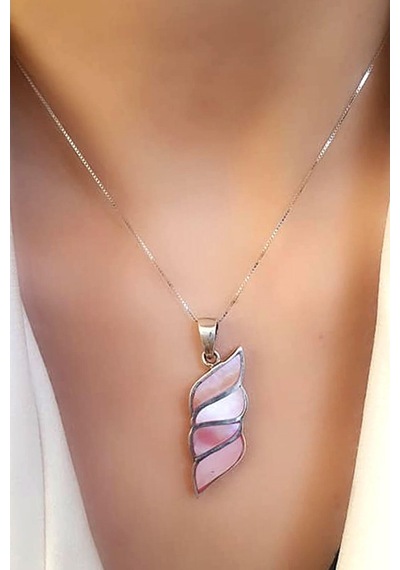 Pembe Sedef Taşlı 925 Ayar Gümüş Modern Kolye