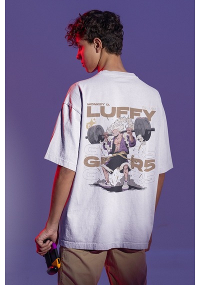 Monkey D. Luffy Gear 5 Sırt Baskılı Unisex Oversize Anime Tişört Beyaz