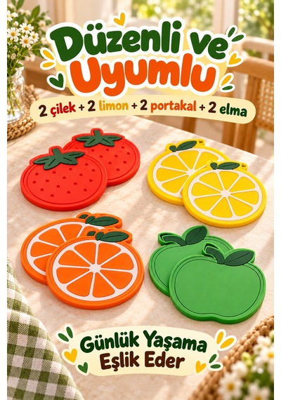 8'li Meyve Desenli Bardak Altlığı Seti Çilek Limon Portakal Elma Kahve Fincan Altlığı Masa Aksesuarı Çok Renkli