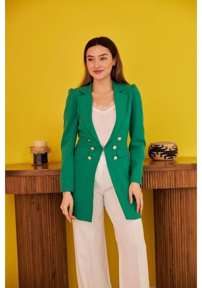 Defymoda Yeşil Blazer Düğmeli Ceket Yeşil