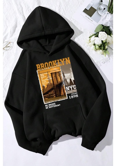 Brooklyn Baskılı Oversize Sweatshirt Siyah