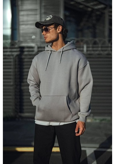 Barlashive Erkek 3 İplik Penye Kapüşonlu Basic Sweatshirt Hoodie - Boyalı Gri Çok Renkli