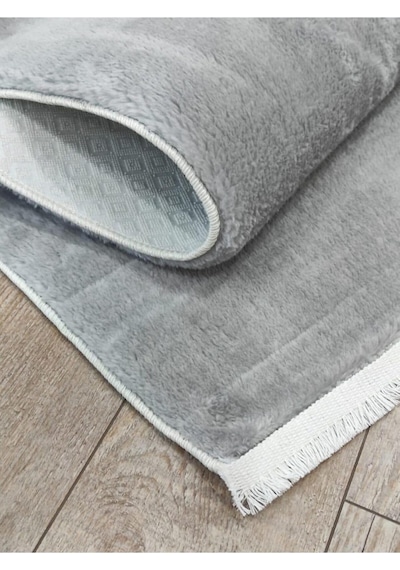 Saçaklı Kalın Yumuşak Kaymaz Taban Açık Gri Peluş Halı, 150 X 230 Standart