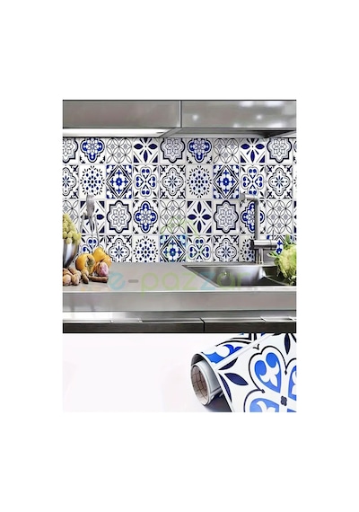 5 Metre X 60 Cm Retro Mavi Çini Desenli Mutfak Banyo Fayans Tezgah Masa Dekorasyon Yapışkanlı Folyo