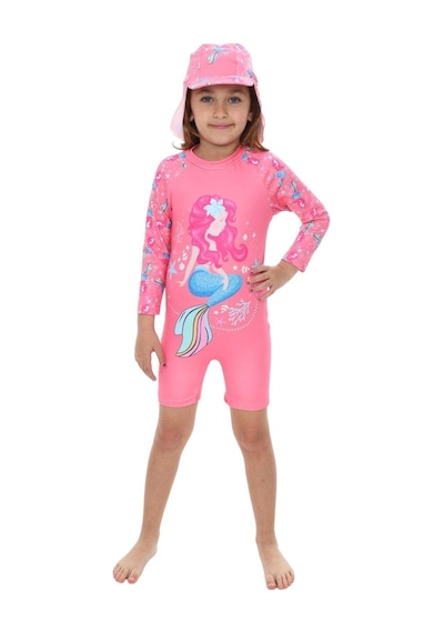 My Kids Wear Şapkalı Fermuarlı Uzun Kollu Kız Çocuk Mayo Kırmızı - Beyaz