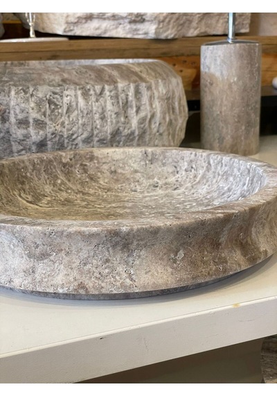 Yeni Silver Gümüş Traverten 9'lu Lavabo Ve Kaseli Banyo Takımı Beyaz