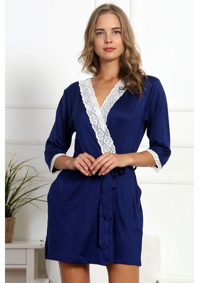 Vienetta Kadın Indigo Dantelli 7/8 Kol Polyester Sabahlık 4209
