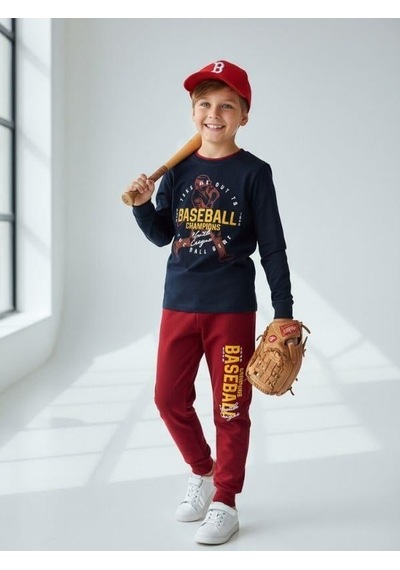 Zekids Erkek Çocuk Pamuklu Baseball Baskılı Pijama Takımı-16818 Siyah