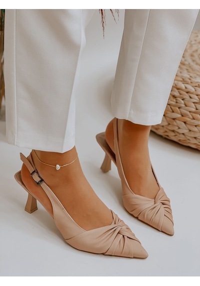 Ervanın Butiği Bej Saten Bow Fiyonk Detay Kadın Stiletto-3668