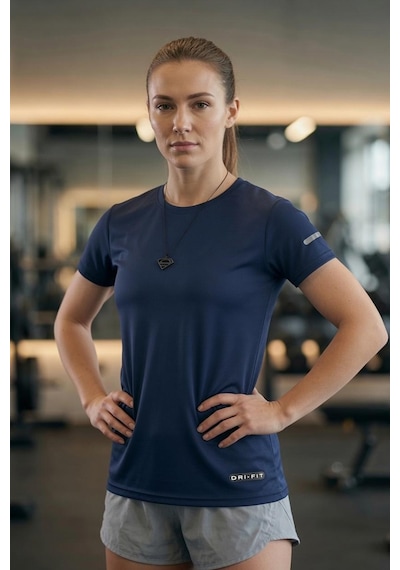 Fits Mikro Polyester Slim Fit Performans Antrenman Sporcu Kadın Tshirt Lacivert