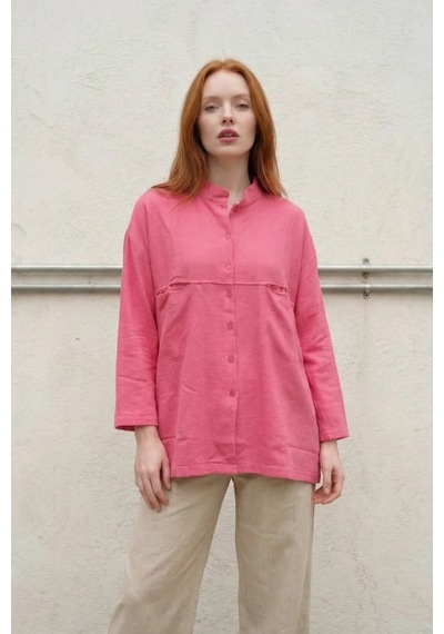Hiccup My Fashıon Oversize Uzun Kollu Keten Karışımlı Gömlek Parlak Pembe