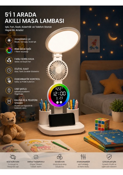 Monozone Rgb Yuvarlak Başlı Masa Lambası Fanlı Saatli 3renk Dokunmatik Şarjlı Kalemlik Telefon Standı Beyaz