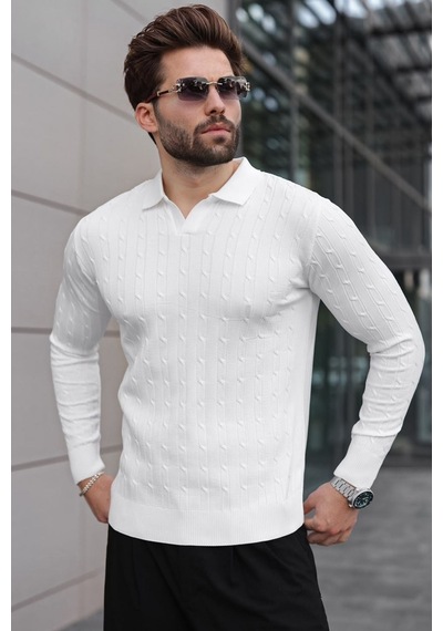 Madmext Beyaz Polo Yaka Saç Örgü Desenli Erkek Triko Kazak E7519