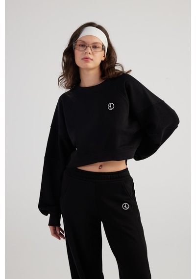 Holly Lolly Bisiklet Yaka Şardonsuz Crop Cali Sweatshirt Siyah