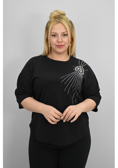 Koza Butik Kadın Büyük Beden Kısa Kollu Taş Ve İnci Baskı Detaylı Oversize T-shirt 1925-25 Saks