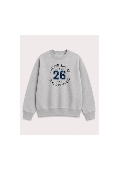 Herkesemoda Limited Edition Yazı Baskılı 2 İplik Şardonlu Bisiklet Yaka Sweatshirt Gri