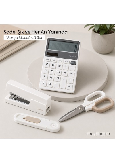Nusign Hesap Makinesi &zımba & Makas Kırtasiye Seti - Beyaz