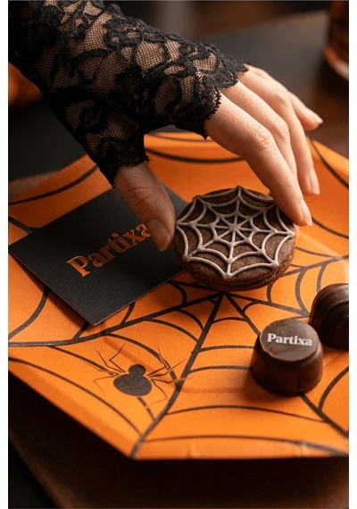 Cadılar Bayramı Örümcek Ağı Turuncu Sekizgen Kağıt Tabak 23 Cm 8'li Paket - Halloween Parti Tabağı Çok Renkli